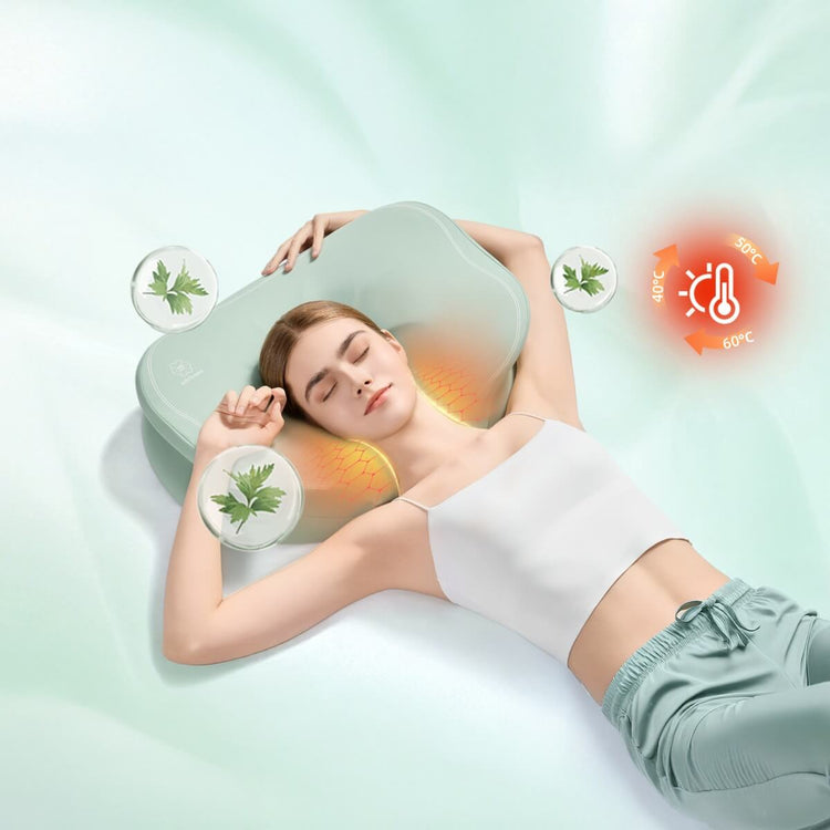Woman lying on her back with neck cradled by pillow. Illustration near neck for heating unit in pillow.
