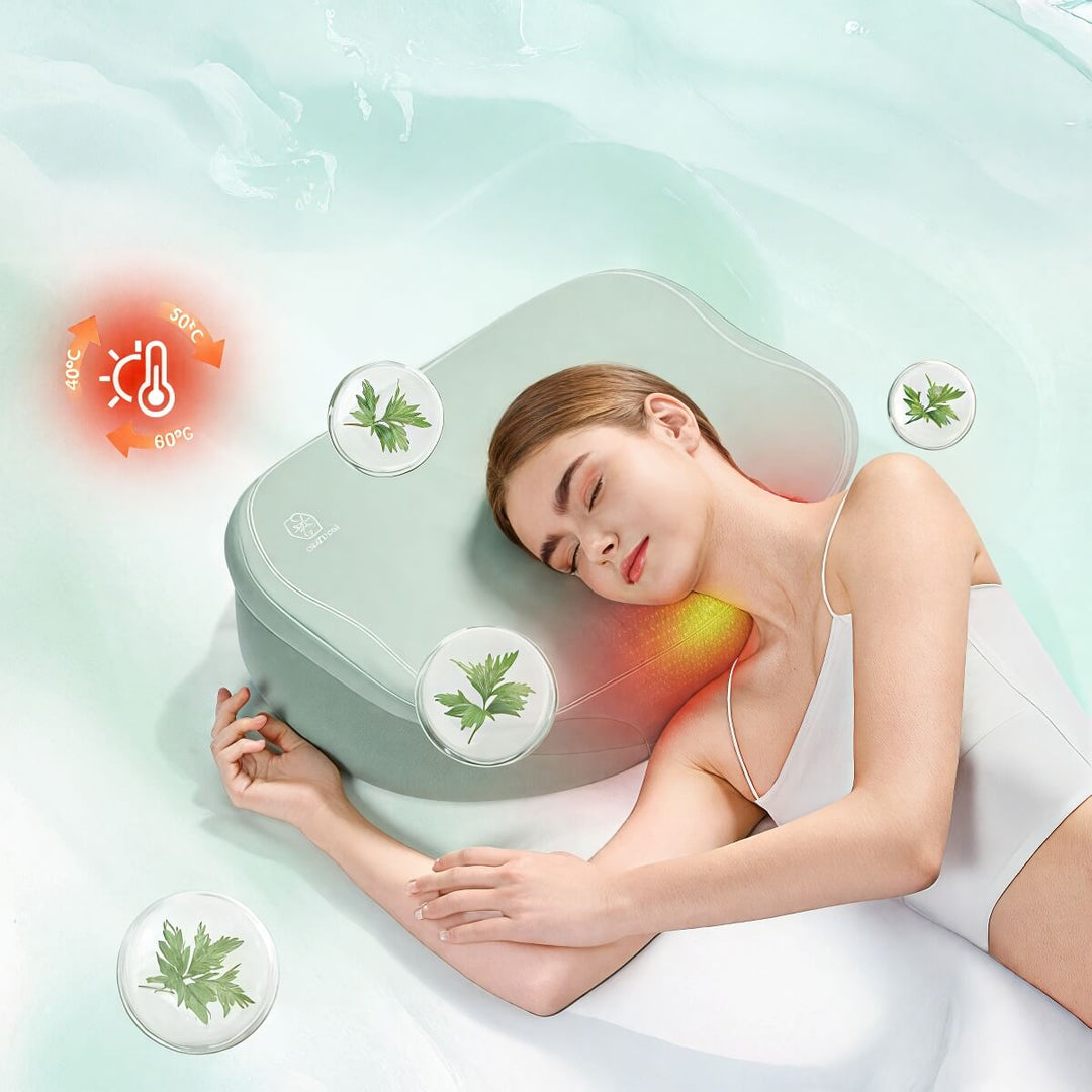 Woman lying on her side with her head on the cervical neck pillow. Heating element illustation on her neck.