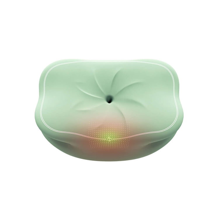 Product image of the green cervical neck pillow with illustration of heat where the heating unit is.
