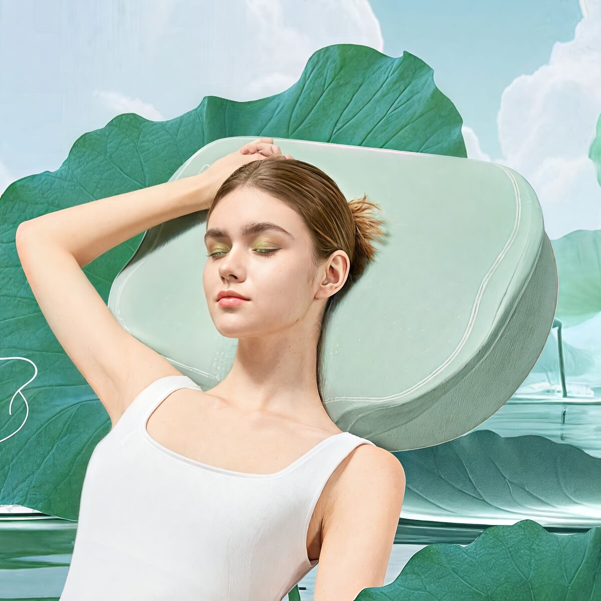 A woman lying on a green pillow surrounded by a serene leafy background.
