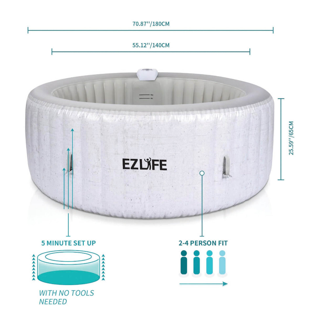 Inflatable hot tub with dimensions and setup information on a white background
