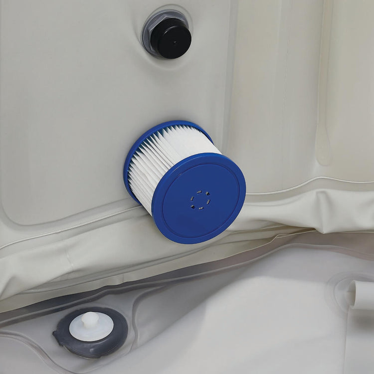 Close up of ports and filters inside hot tub.