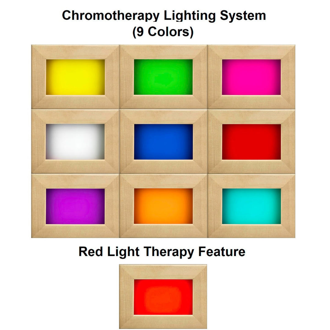 Chromotherapy lighting panel showing the various lighting abilities with text in the image "Chromotherapy Lighting System (9 Colors)" and also "Red Light Therapy Feature."