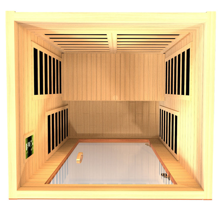 A top view of the interior of the indoor infrared sauna with the top removed for illustrative purposes.