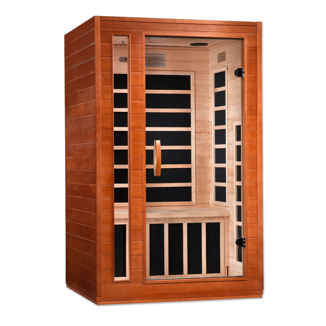 angled image of indoor infrared 2 person red light sauna hemlock wood 