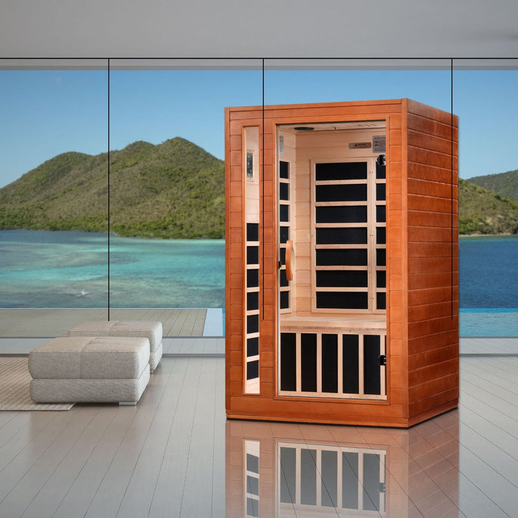 indoor infrared 2 person red light sauna hemlock wood inside of home.