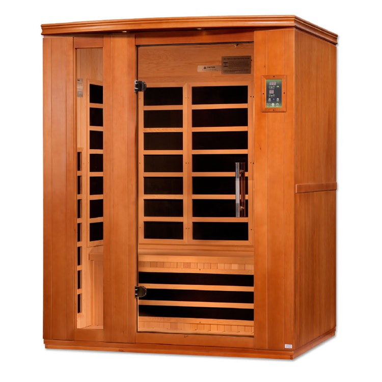 Three quarter angle of 3 person home sauna with glass door, wood frame, and interior heaters