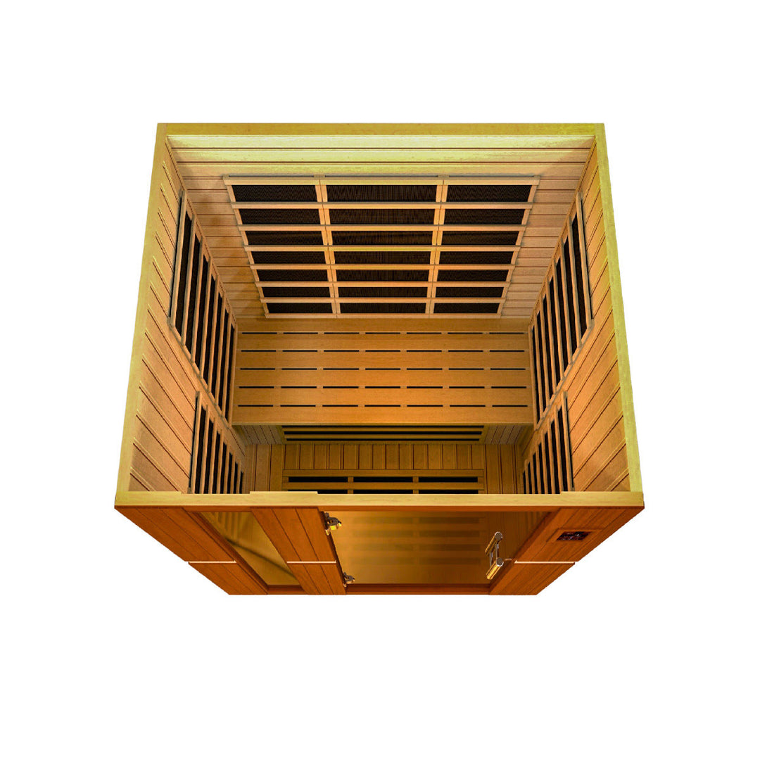 Top angled view of 3 person infrared sauna without top for illustrative purposes.