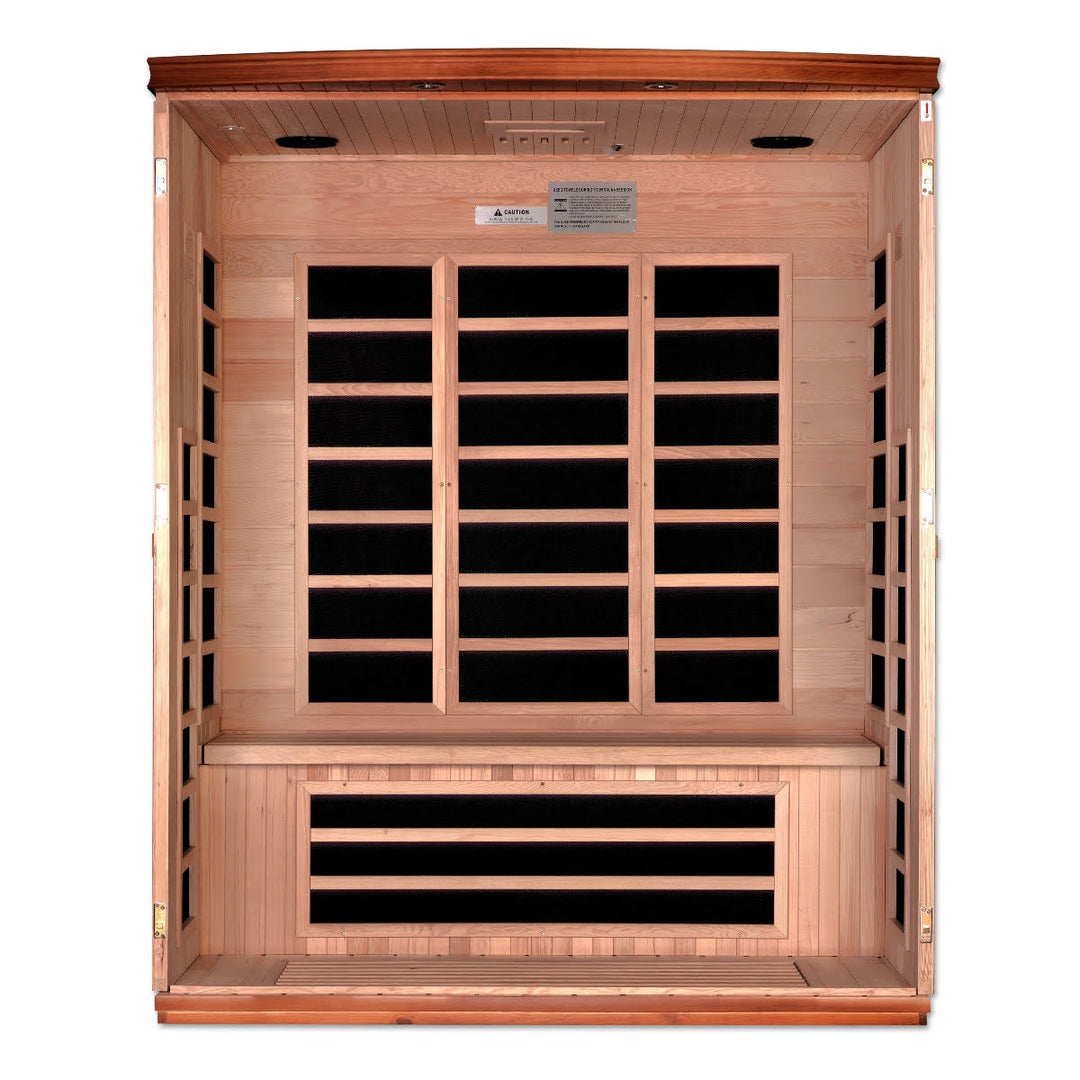 Front, interior view of wooden in-home infrared sauna without glass doors visible for illustration purposes.