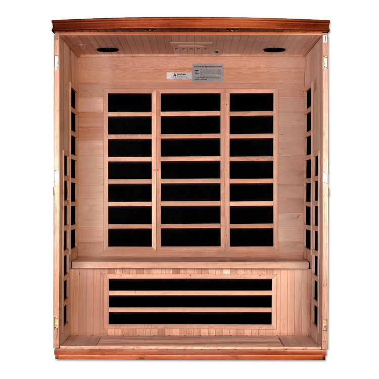Front, interior view of wooden in-home infrared sauna without glass doors visible for illustration purposes.