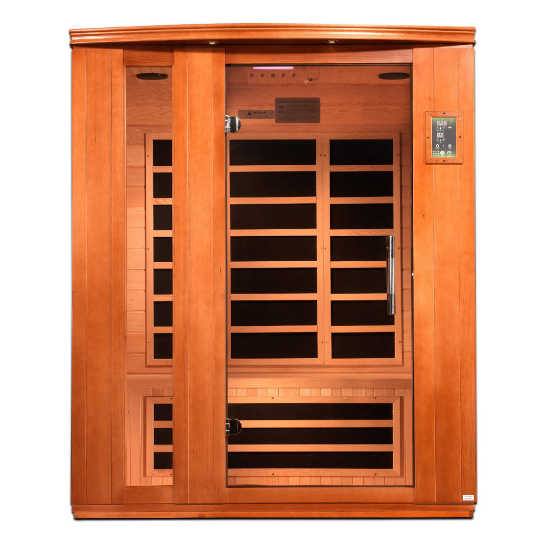 Profile angle of 3 person infrared home sauna with glass door, wood frame, and interior heaters
