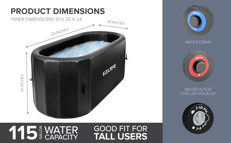 Inner Dimensions: 51" x 26" x 24". 26" Tall. 60" Deep. 28" Wide. 115 Gallon Water Capacity. Good Fit for Tall Users. Features include Water Drain. Water-in for chiller hook-up.