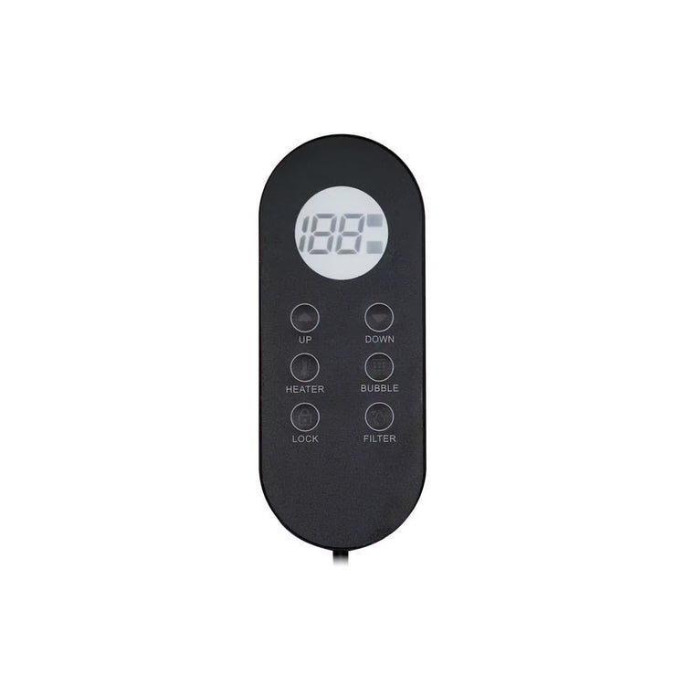 A closeup of the remote control and its various buttons and functions.