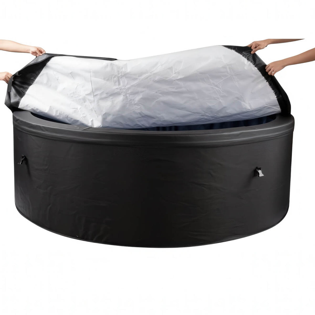 Hands holding cover over the hot tub.