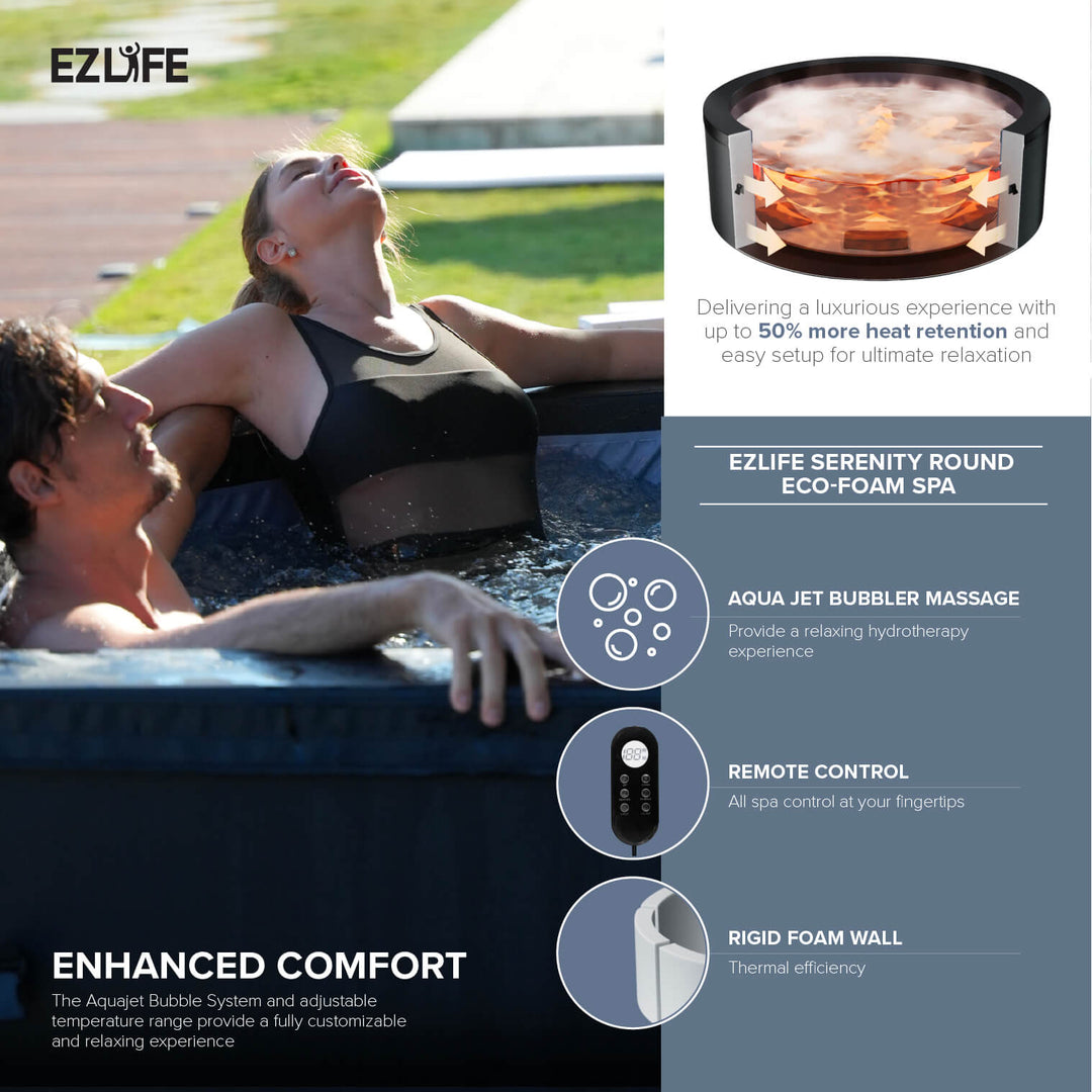 Collage of imagery and illustrations with text reading:
ENHANCED COMFORT - The Aquajet Bubble System and adjustable temperature range provide a fully customizable and relaxing experience.
Delivering a luxurious experience with up to 50% more heat retention and easy setup for ultimate relaxation.
EZLIFE SERENITY ROUND ECO-FOAM SPA.
AQUA JET BUBBLER MASSAGE - Provide a relaxing hydrotherapy experience.
REMOTE CONTROL - All spa control at your fingertips.
RIGID FOAM WALL - Thermal efficiency.
