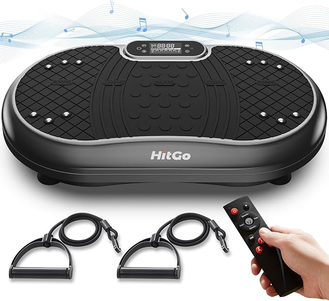 Vibration plate platform product pile showing included stretch bands and remote. Music notes and waves surrounding HitGo Black.