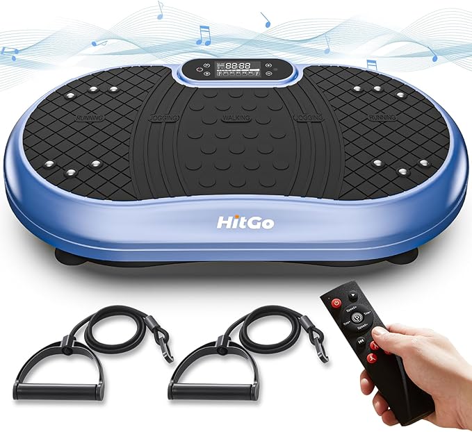 Vibration plate platform product pile showing included stretch bands and remote. Music notes and waves surrounding HitGo Blue.