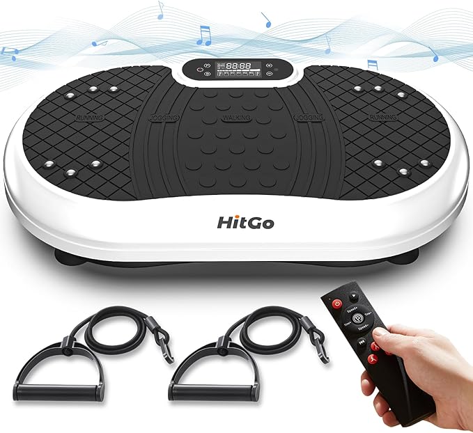 Vibration plate platform product pile showing included stretch bands and remote. Music notes and waves surrounding HitGo White.