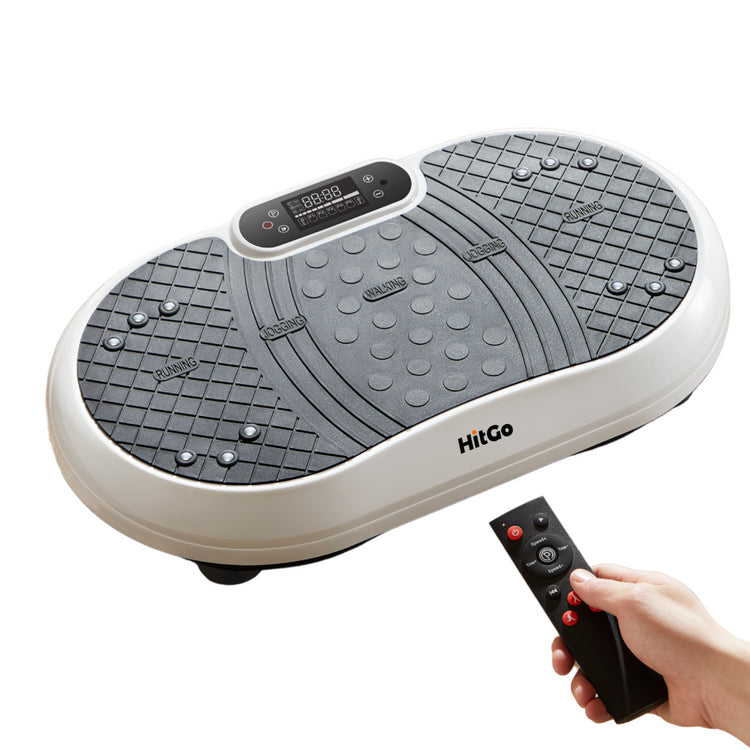 HitGo Vibration plate platform and hand holding remote control isolated image on white background.