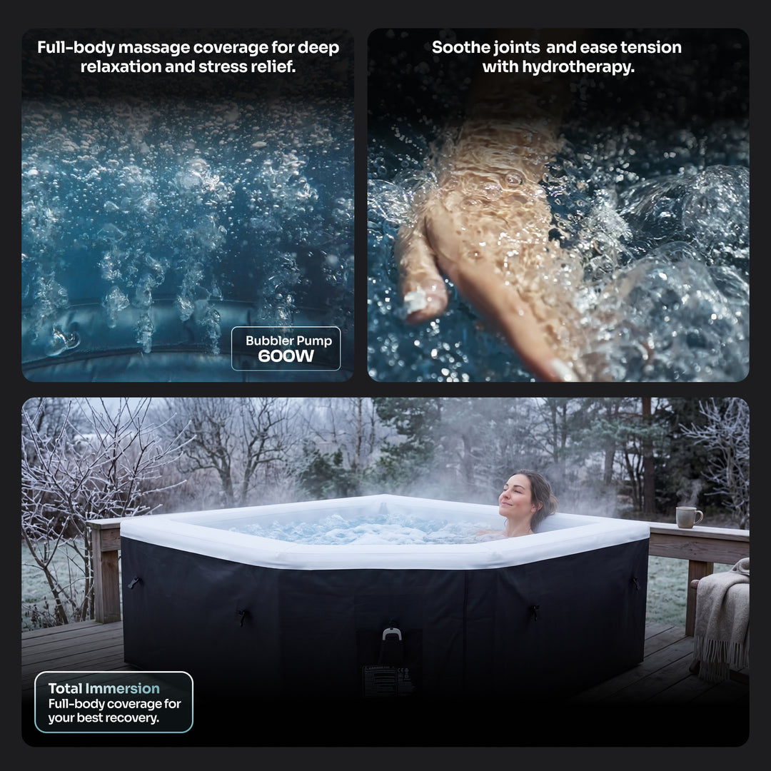 Three-panel marketing graphic for a hot tub spa. Top-left panel shows bubbling water with text about full-body massage and stress relief, labeled 'Bubble Pump 600W.

