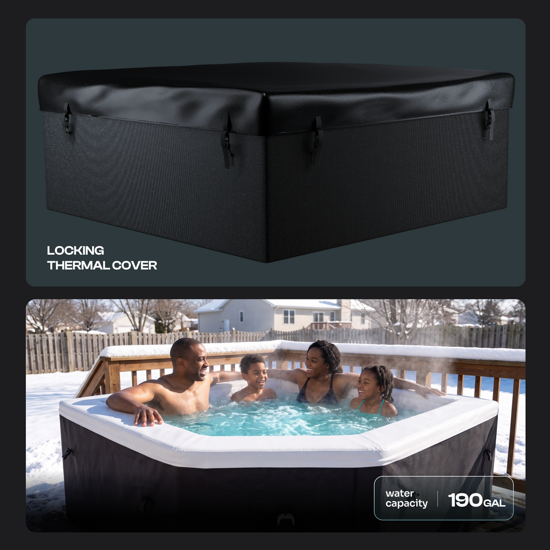A black inflatable thermal cover shown closed over a hot tub in two panels: a top product-only view on a dark background with the text 'LOCKING THERMAL COVER,' and a bottom lifestyle scene of a family relaxing in a white and black hot tub outdoors in the snow. A small label in the bottom right says 'water capacity 190 gal.


