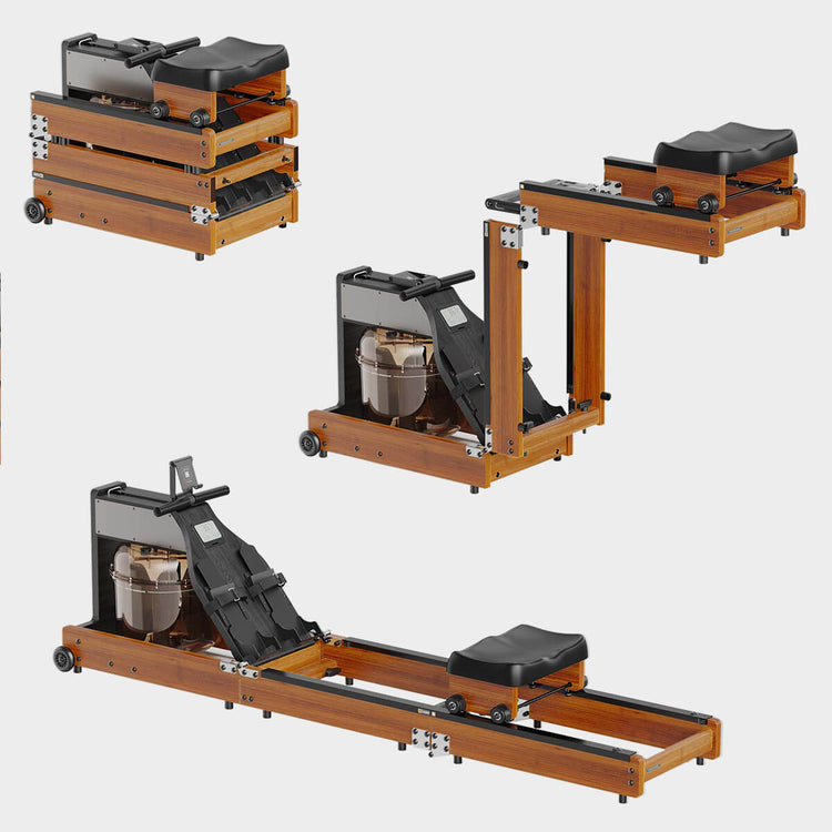 Rower in various stages of being folded. From left to right: compact in stack. Middle image, folding begins with wood hinges. Right image, fully unfolded. 