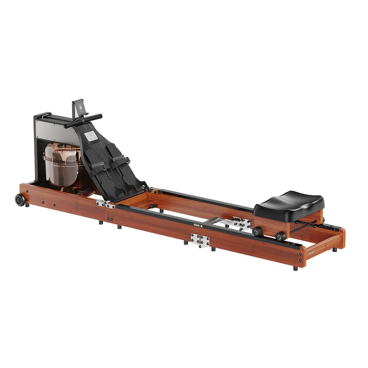A foldable water rowing machine with a wooden frame and black accents, including a black seat and handlebars.