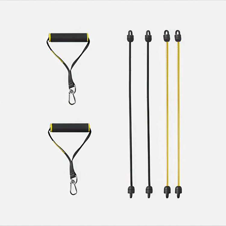 Workout bands shown in two different colors, yellow and black with two handles with carabiner clips.