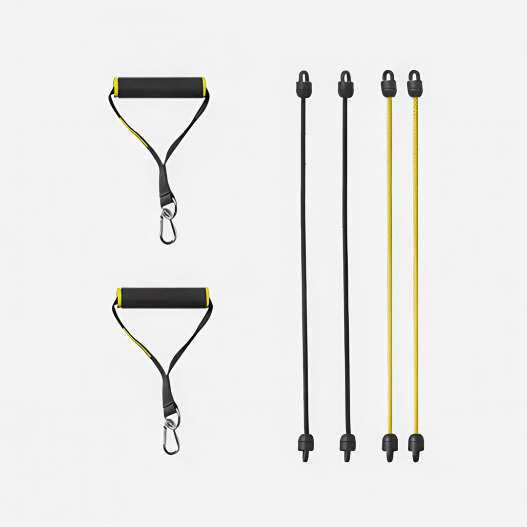 Workout bands shown in two different colors, yellow and black with two handles with carabiner clips.