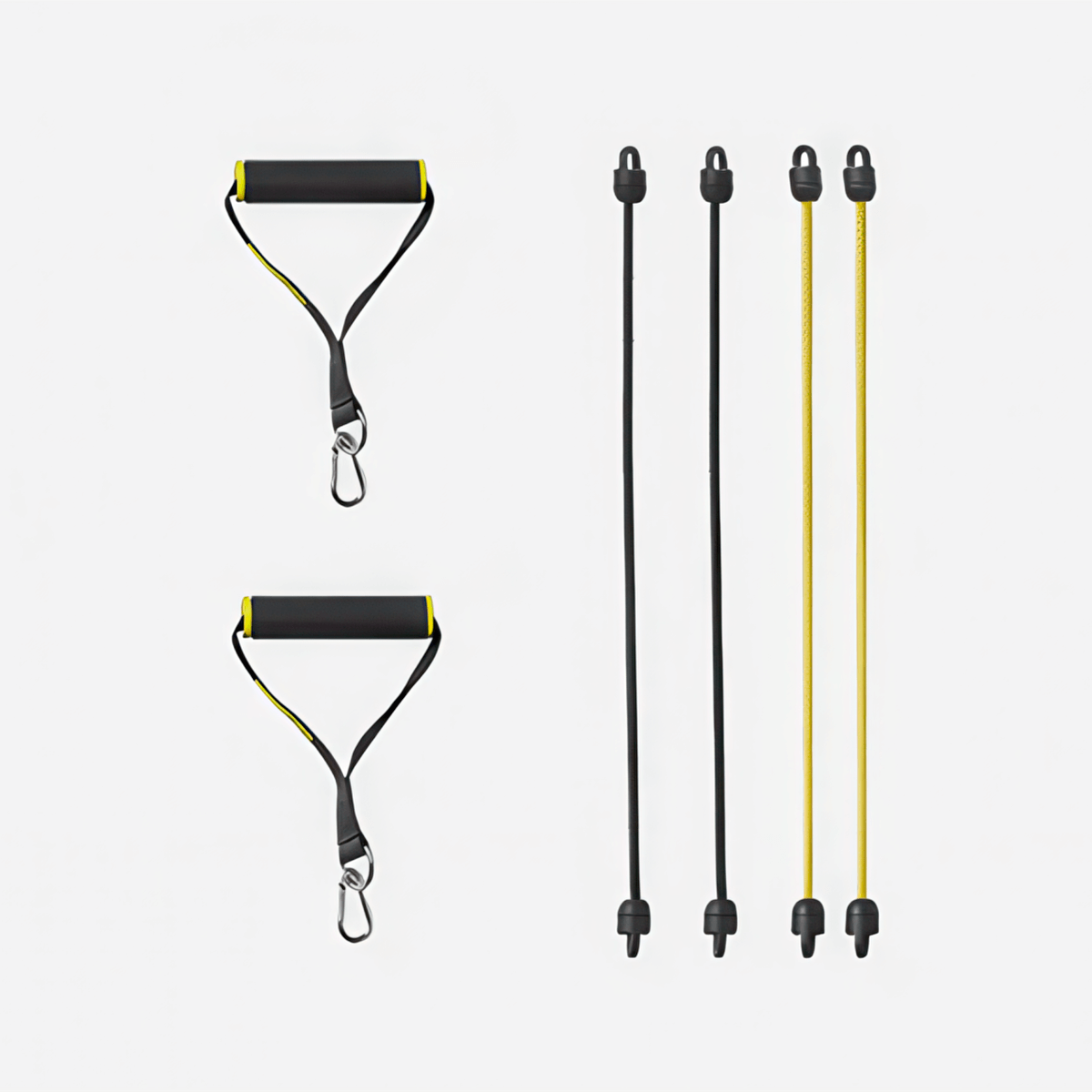 Workout bands shown in two different colors, yellow and black with two handles with carabiner clips.