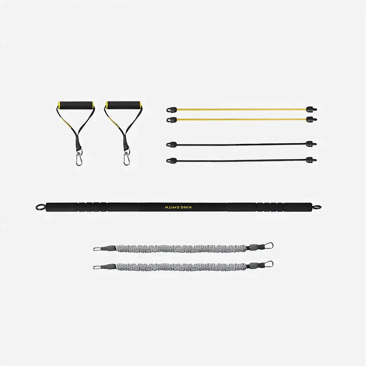 Product accessories shown on white background for premium package, stretchy bands, handles, and workout straight bar.