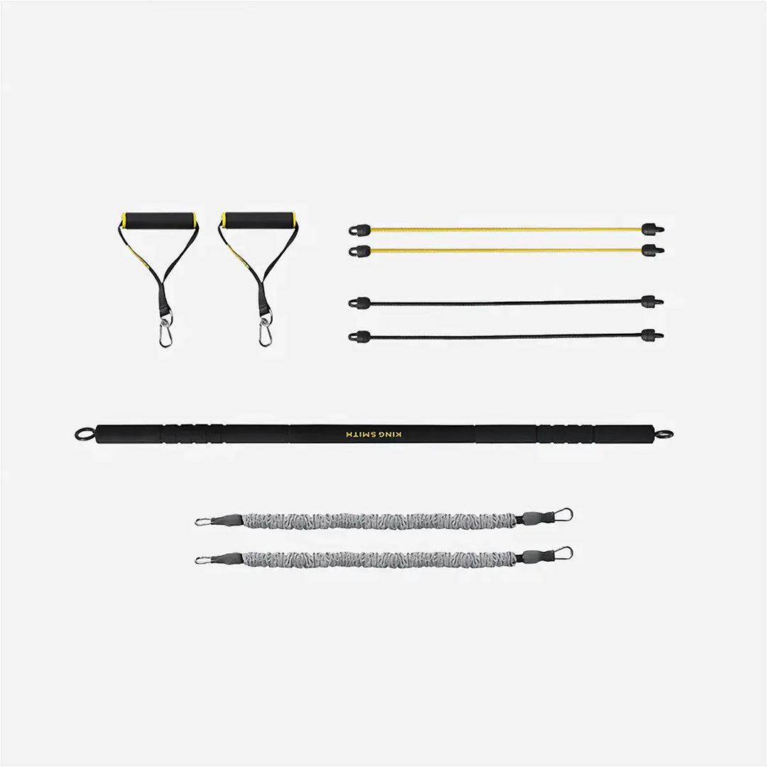 Product accessories shown on white background for premium package, stretchy bands, handles, and workout straight bar.