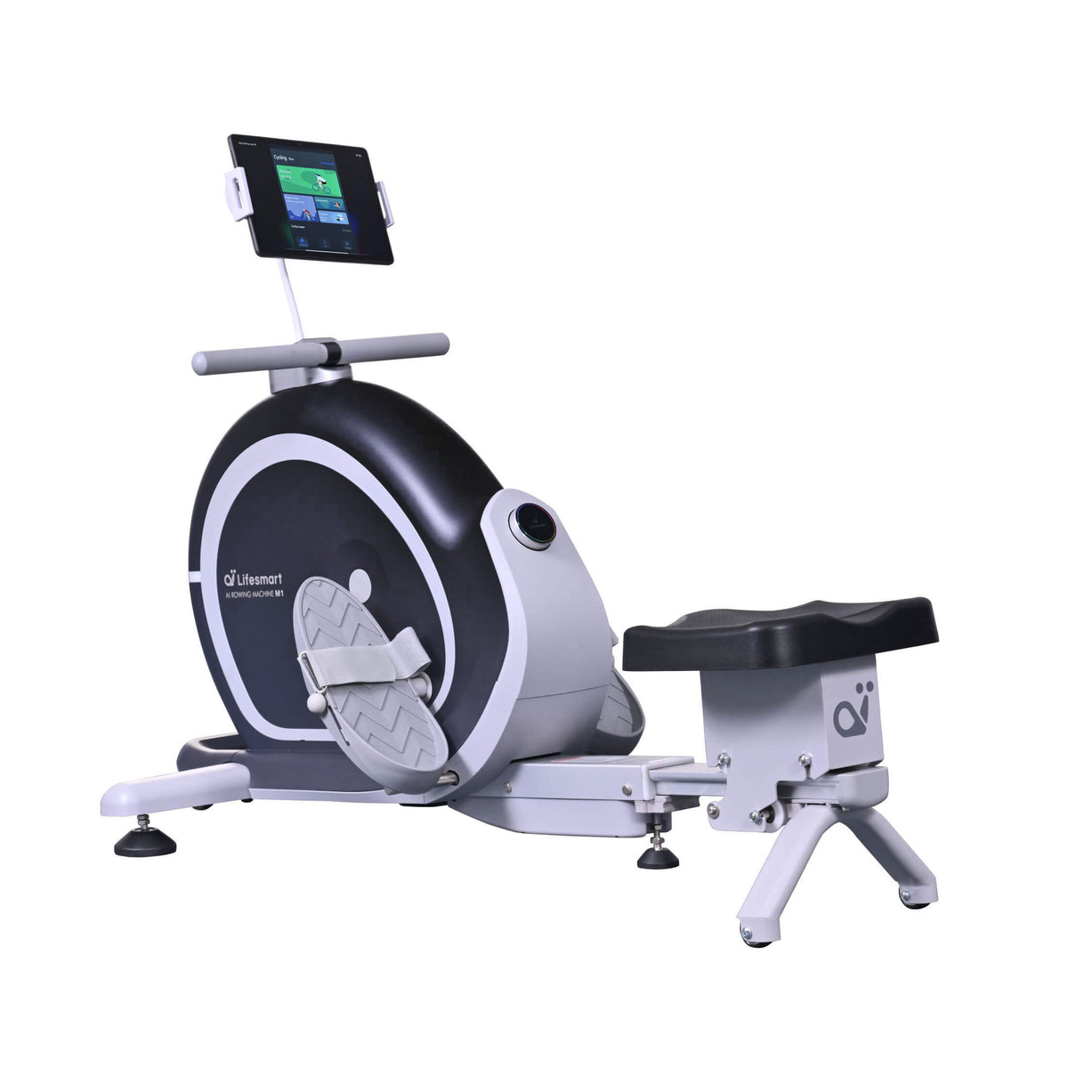 M1 PowerTouch Rower equipped with tablet on white background. Rower is in storage mode.