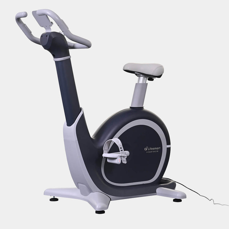 A Lifesmart S1 Smart Cycle exercise bike with black and gray colors, featuring an adjustable seat and handlebars on a white background.