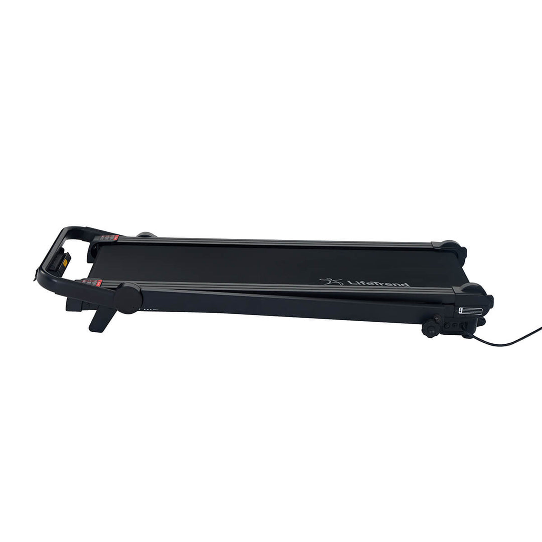 Profile view of treadmill with console folded down into walking mode.