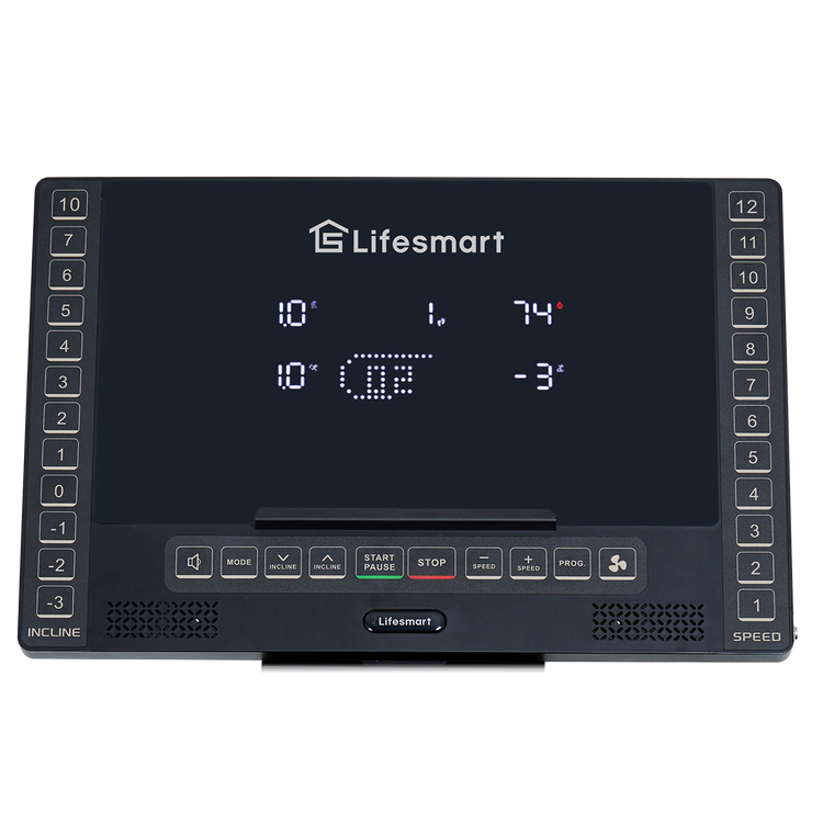 Close up on console, featuring access to speed buttons, incline buttons, and other treadmill functions.