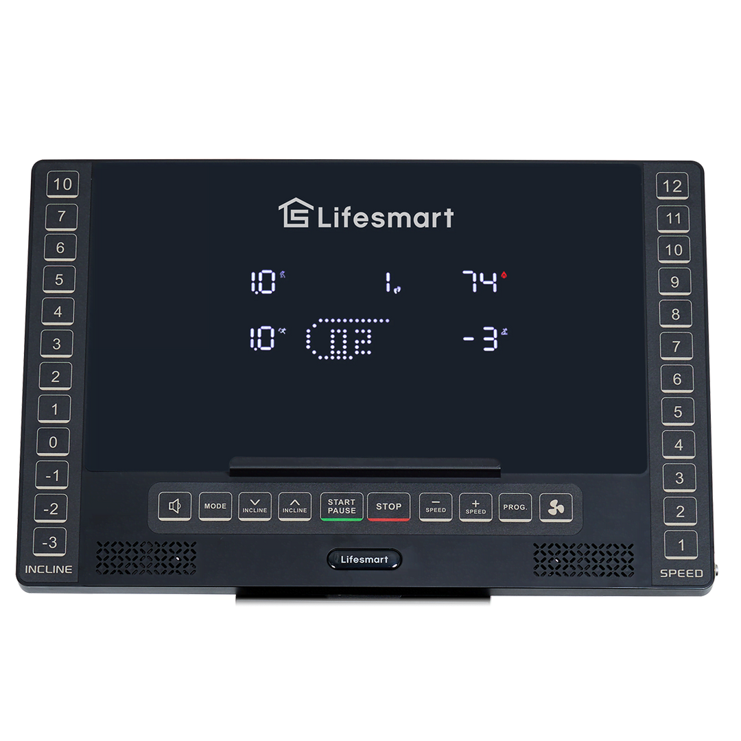 Close up on console, featuring access to speed buttons, incline buttons, and other treadmill functions.