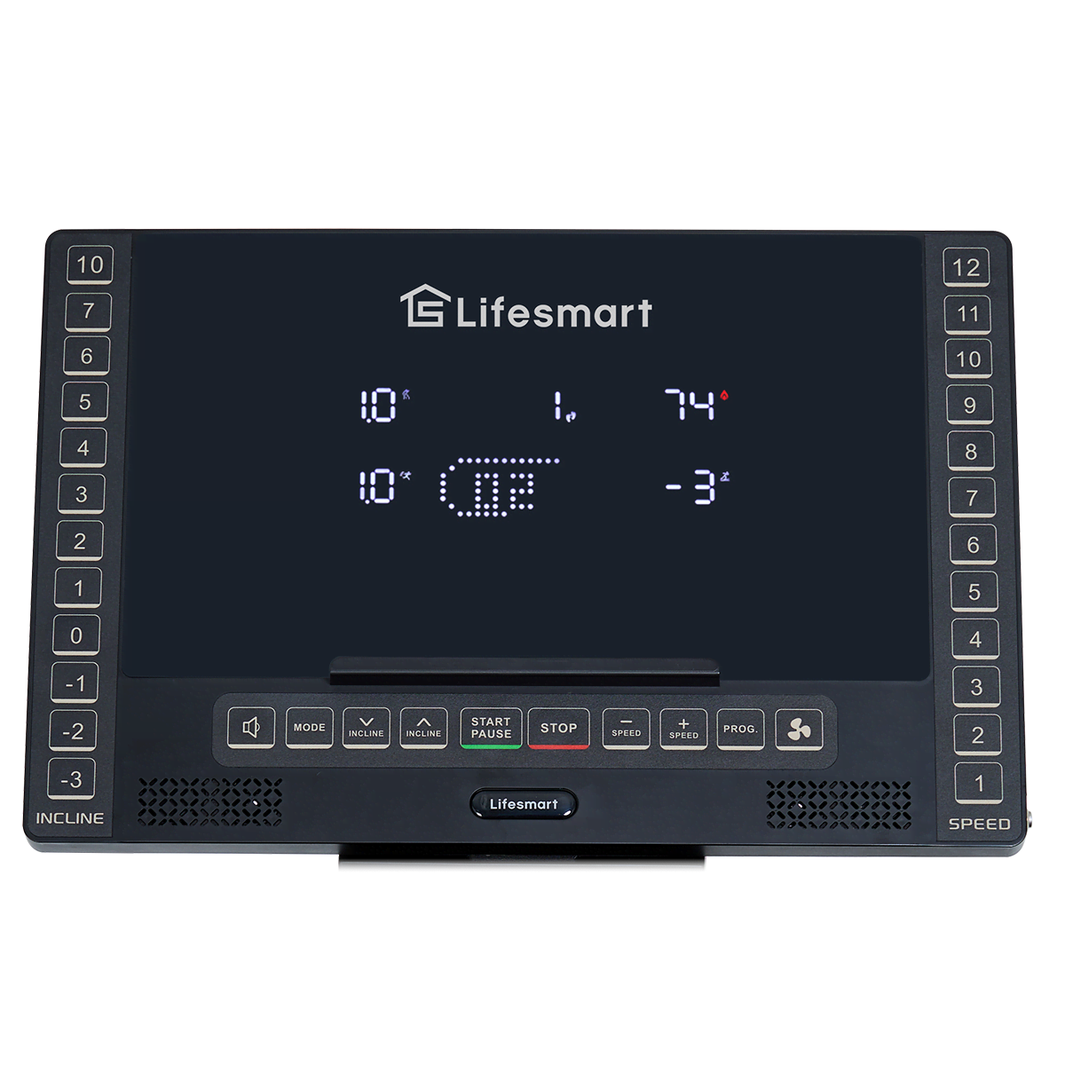Close up on console, featuring access to speed buttons, incline buttons, and other treadmill functions.