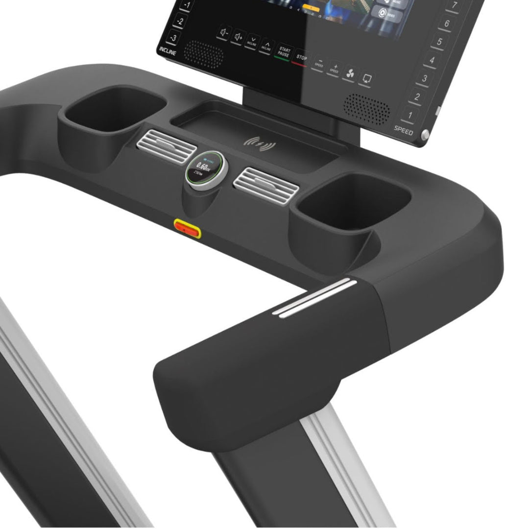 Close up showing EKG grips on handles of treadmill.
