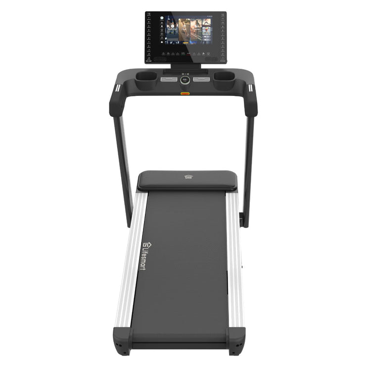 Front angle of treadmill showing the tread deck and the console area.