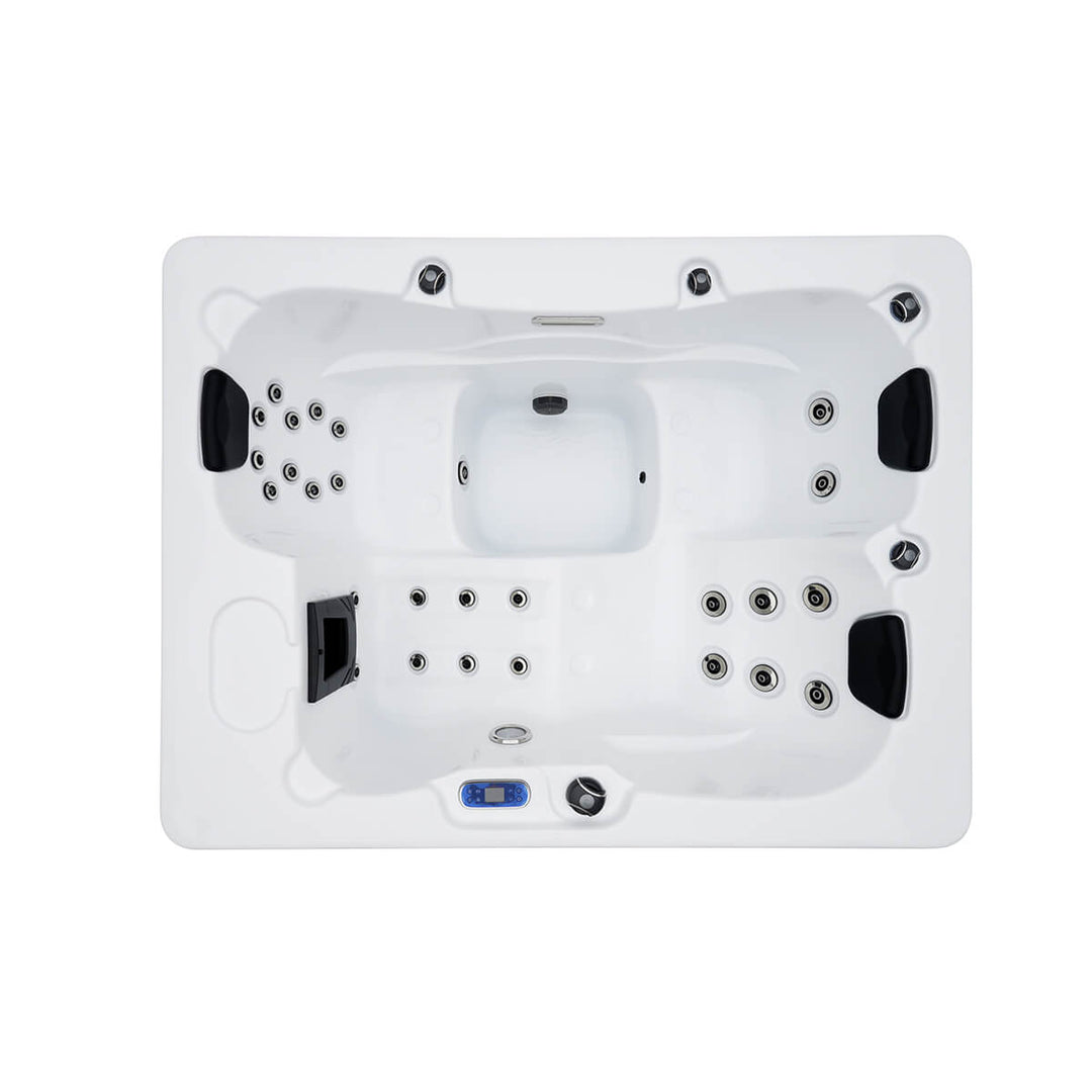 An overhead product view of spa showing head rests and jets inside white interior.