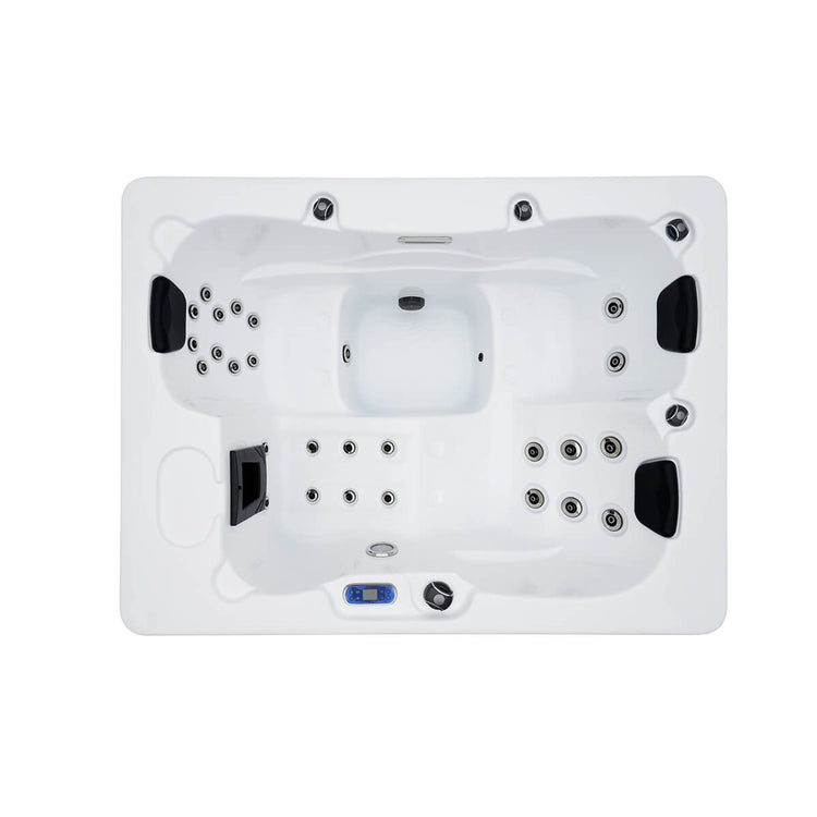 An overhead product view of spa showing head rests and jets inside white interior.