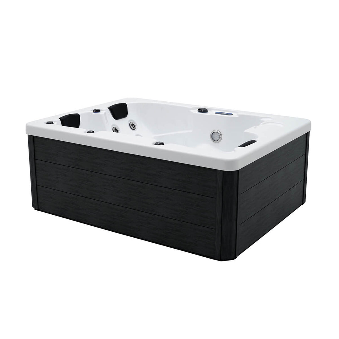 Product photo of spa with black exterior and white interior at 3/4 angle.