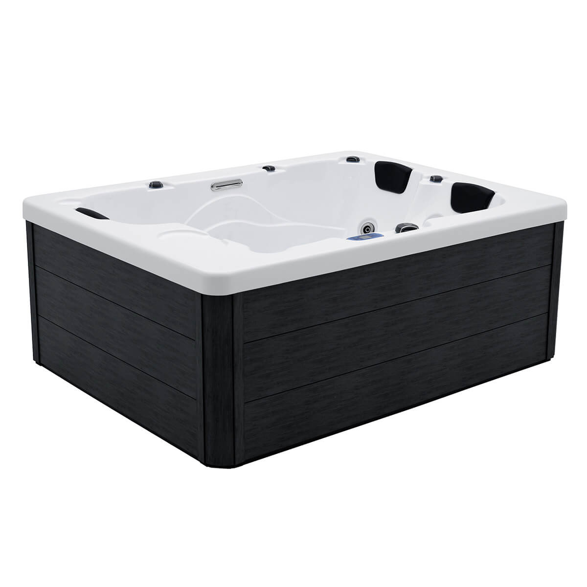 Product photo of black exterior spa and white interior at a 3/4 angle.