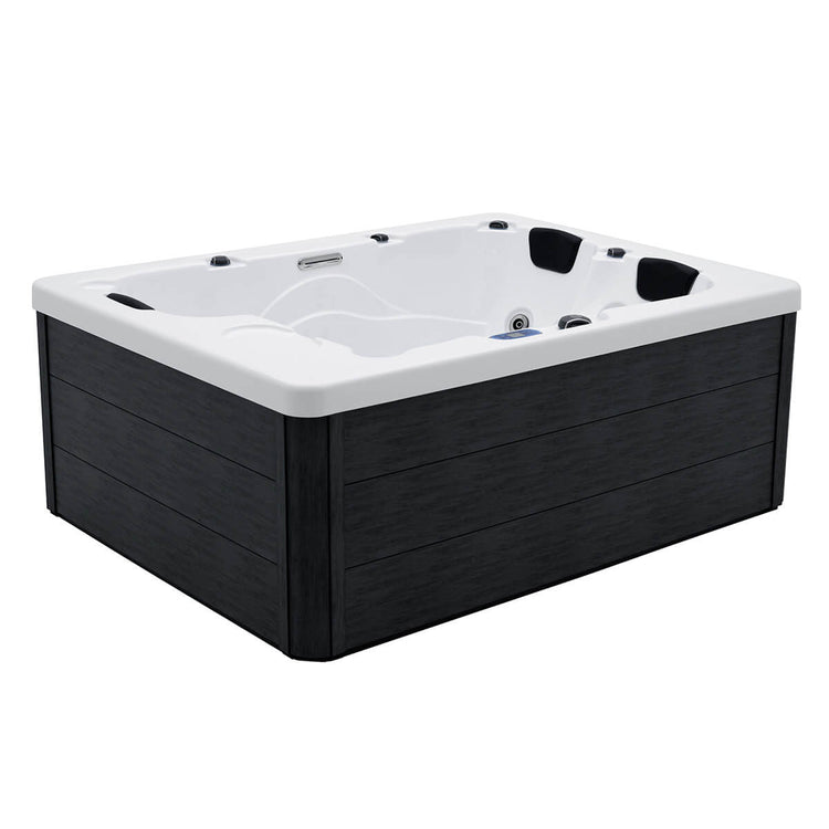Product photo of black exterior spa and white interior at a 3/4 angle.
