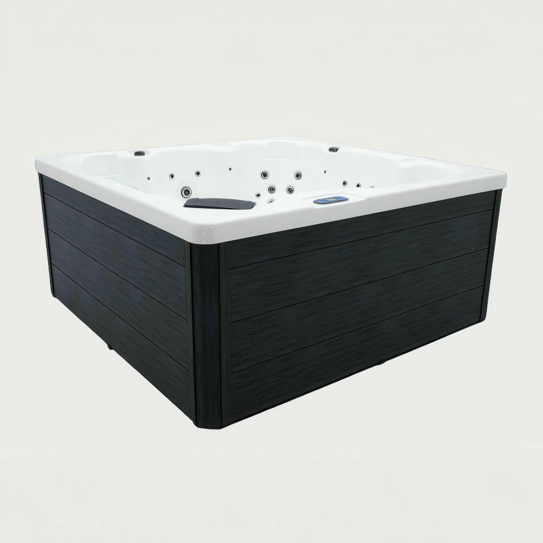 Main product image of black exterior spa with white interior.