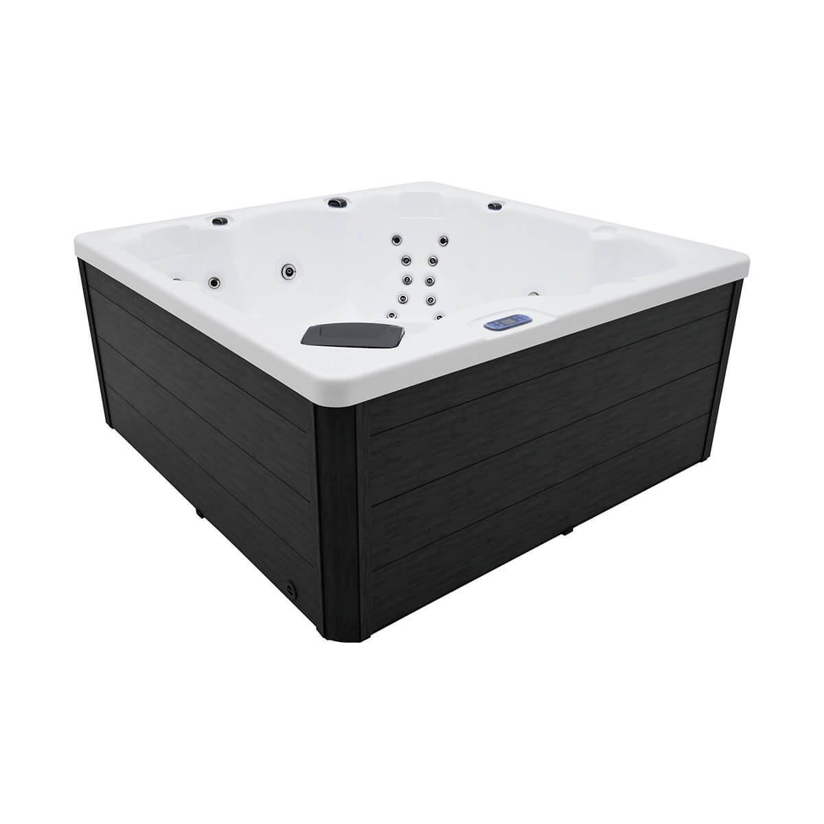 Product photo of spa with exterior color of black and interior of white at a 3/4 angle