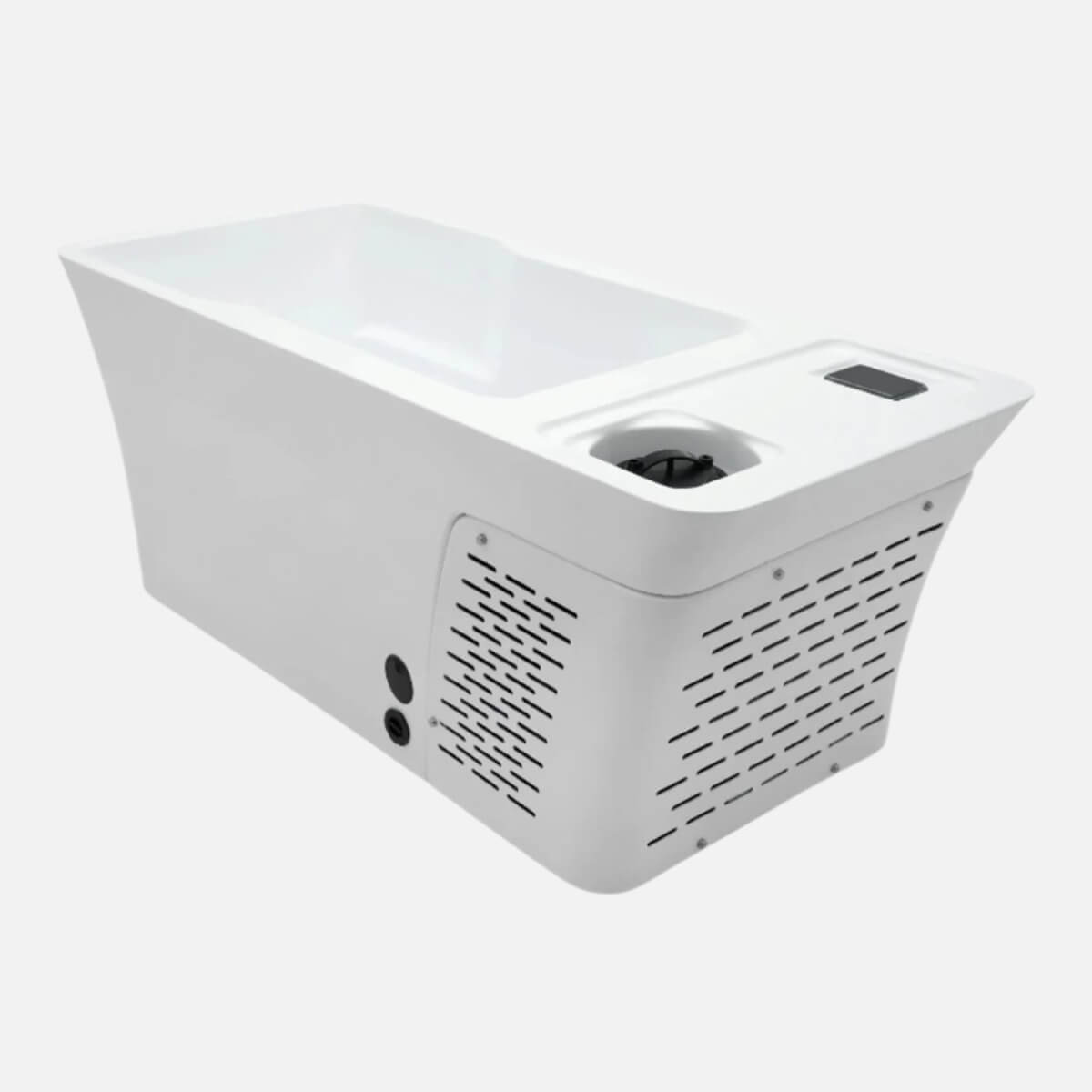 Hood removed to show interior parts of cold plunge hot tub. Isolated on white background.