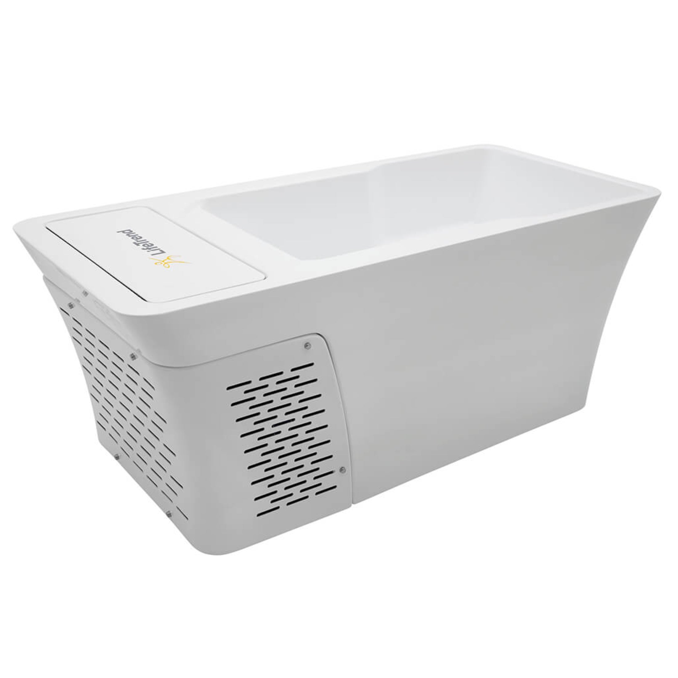 White colored LifeTrend Alta cold hot tub and plunge angled right isolated on white background.