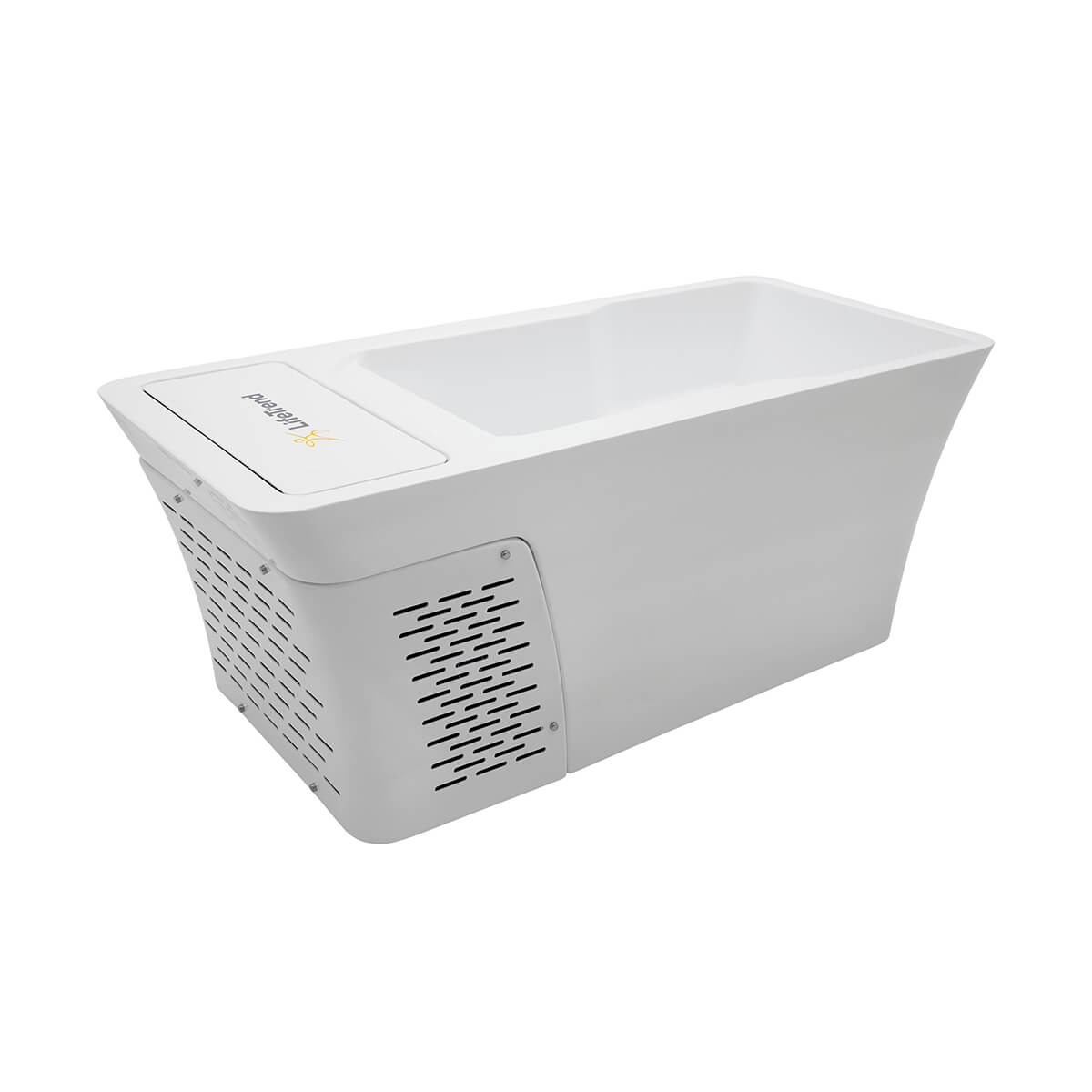 White colored Alta cold spa angled right isolated on white background.